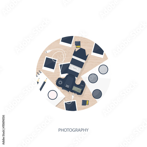 Photographer equipment on a table. Photography tools, photo editing, photoshooting flat background.  Digital photocamera with lens. Vector illustration. Wood. Wooden.