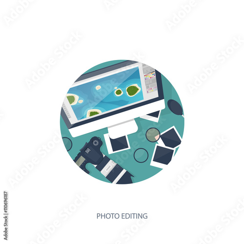 Photographer equipment on a table. Photography tools, photo editing, photoshooting flat background.  Digital photocamera with lens. Vector illustration.