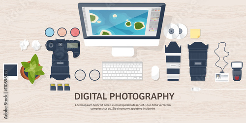 Photographer equipment on a table. Photography tools, photo editing, photoshooting flat background.  Digital photocamera with lens. Vector illustration. Wood. Wooden.