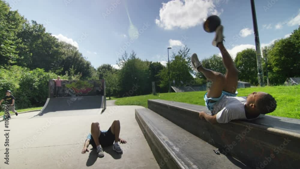  Talented young soccer players hanging out at the skate park & showing off their ball skills. 