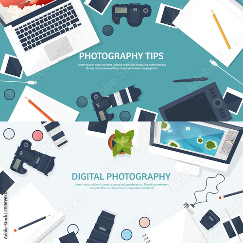 Photographer equipment on a table. Photography tools, photo editing, photoshooting flat background.  Digital photocamera with lens. Vector illustration.