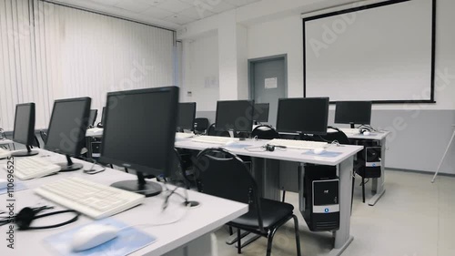 Classroom with computers. Steadicam fly thru auditorium