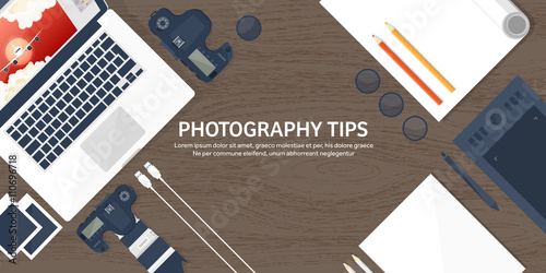 Photographer equipment on a table. Photography tools, photo editing, photoshooting flat background.  Digital photocamera with lens. Vector illustration. Wood. Wooden.