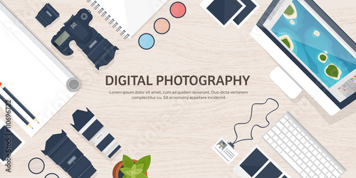 Photographer equipment on a table. Photography tools, photo editing, photoshooting flat background.  Digital photocamera with lens. Vector illustration. Wood. Wooden.