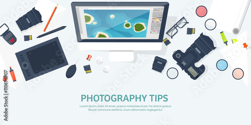 Photographer equipment on a table. Photography tools, photo editing, photoshooting flat background.  Digital photocamera with lens. Vector illustration.