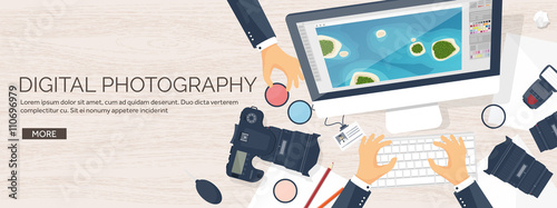 Photographer equipment on a table. Photography tools, photo editing, photoshooting flat background.  Digital photocamera with lens. Vector illustration. Wood. Wooden.