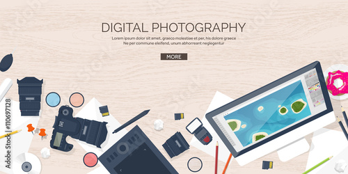 Photographer equipment on a table. Photography tools, photo editing, photoshooting flat background.  Digital photocamera with lens. Vector illustration. Wood. Wooden.