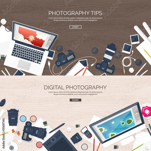 Photographer equipment on a table. Photography tools, photo editing, photoshooting flat background.  Digital photocamera with lens. Vector illustration. Wood. Wooden.