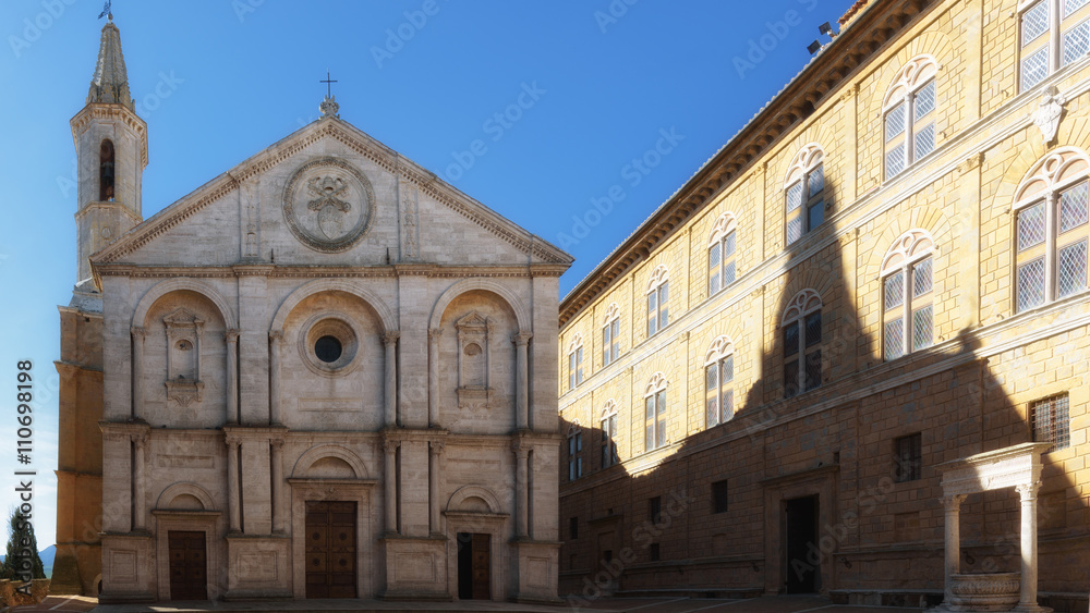 Famous square in front of Duomo in Pienza, ideal Tuscan town, It