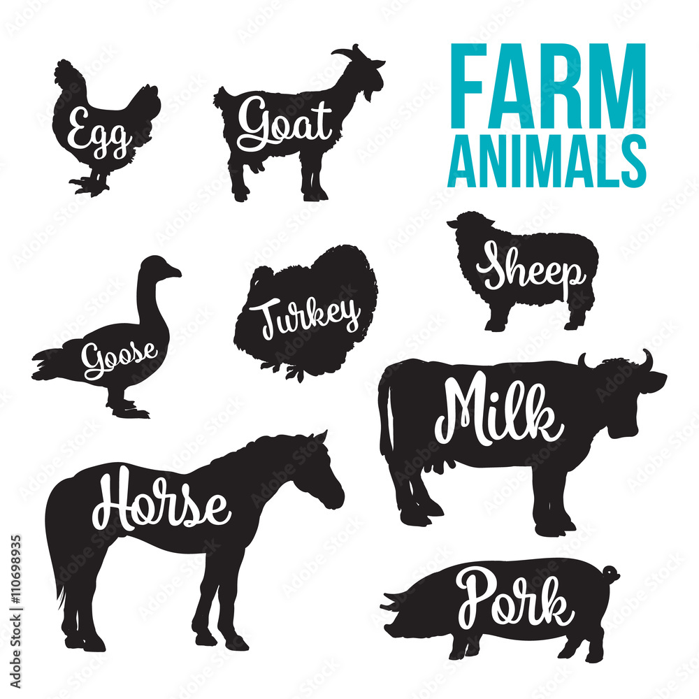 Black contour farm animals with a white inscription inside, set of different  animals, cattle, poultry, horned animal, domestic goose, food, animal  outline for the product Stock Illustration | Adobe Stock