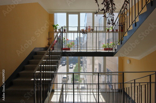 staircase in a residential new building.  plastic window.