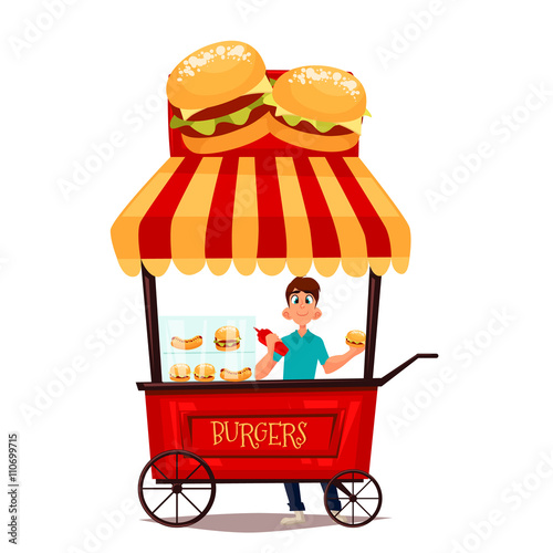 Street selling burgers, vector cartoon comic illustration, mobile retro shop with burgers, selling fast food on the street, comic boy street vendor  hamburger