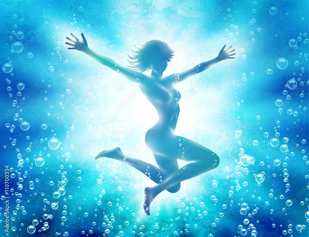 Girl diving in water with hands up. Vector illustration.