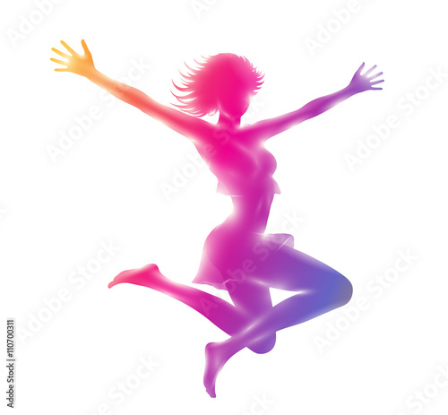 Abstract mock up composition of colorful silhouette of slim  girl jumping with hands up. 