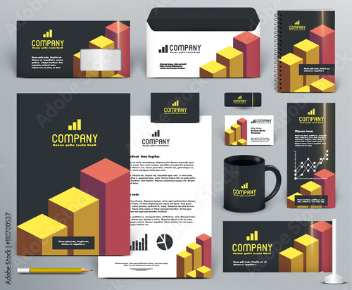 Professional  branding design kit  with graphs for investment, financial corp. Gold, yellow, orange, red, black colors. Premium corporate identity template. Business stationery mock-up with logo.