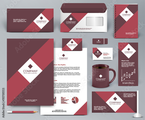 Professional universal red branding design kit for shop, cafe, restaurant. Corporate identity template. Business stationery mock-up. Red, vinous, white colors. Vector illustration: folder, cup, etc.