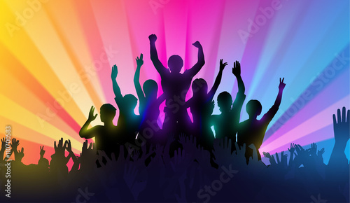 Music festival with dancing people and glowing lights. Creative