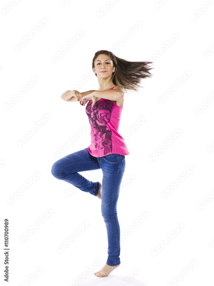 side view of a teenager dancing over white background. side view of a teenager dancing over white background.