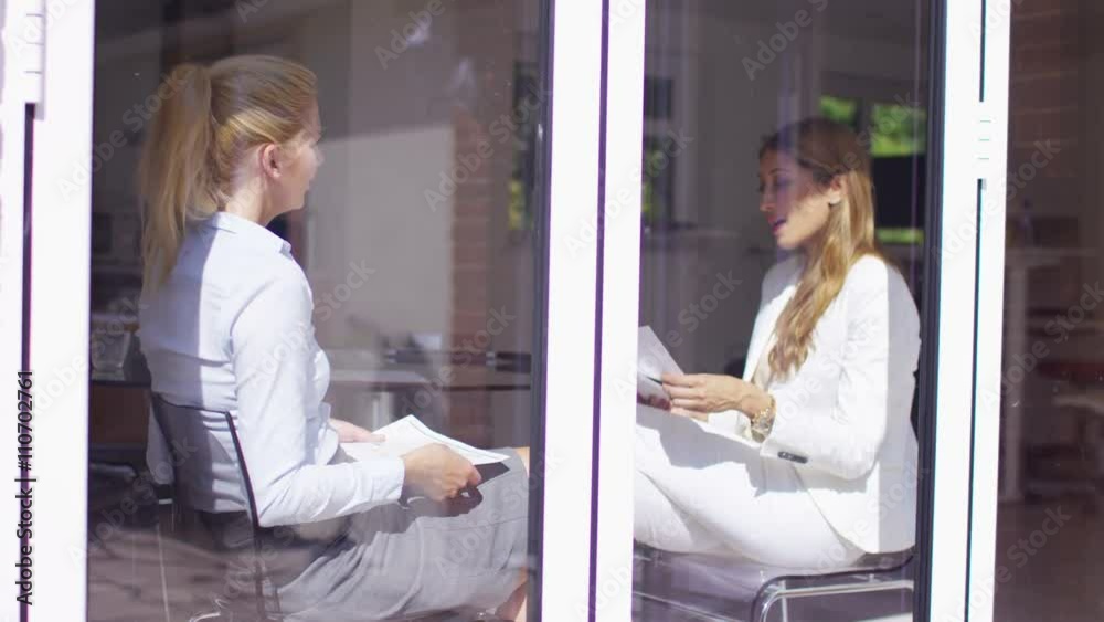 Businesswomen working in modern office, view from outside looking in Businesswomen working in modern office, view from outside looking in