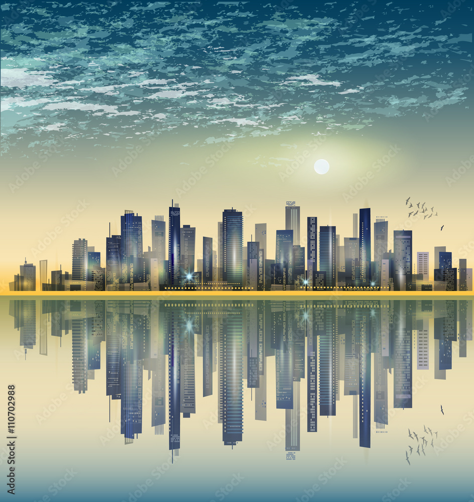Modern night city skyline at sunset, with reflection on water surface