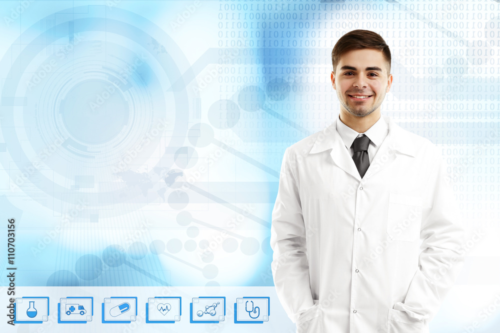 Doctor and medicine icons on virtual screen. Medical technology concept Doctor and medicine icons on virtual screen. Medical technology concept