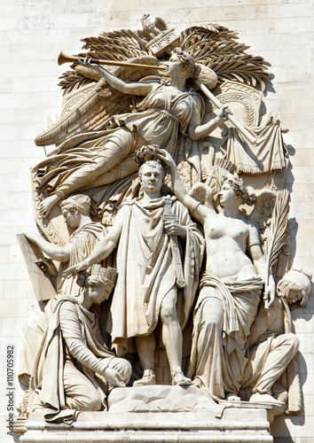 Carvings and statues on the walls of the landmark Arc de Triumph, Paris, France.