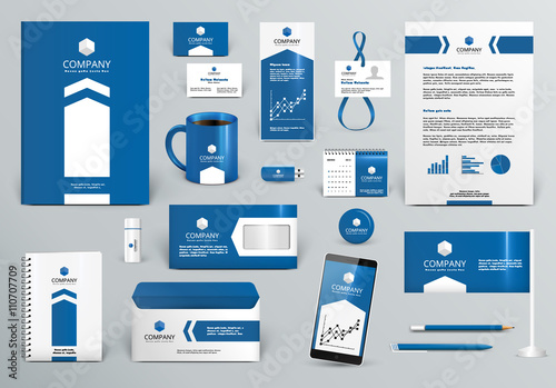 Professional blue branding design kit with arrow for real estate/investment. Premium corporate identity template. Business stationery mock-up. Editable vector illustration: folder, cup, etc.