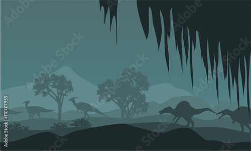 Silhouette of parasaurolophus and spinosaurus