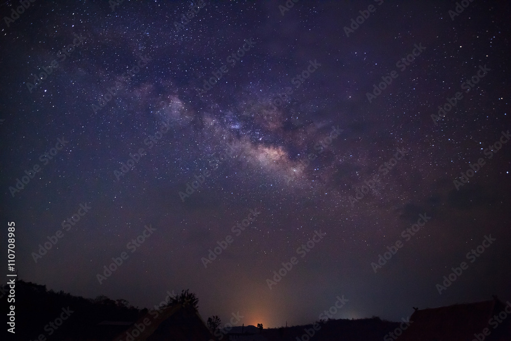 Silhouette of Tree with cloud and Milky Way. Long exposure photo