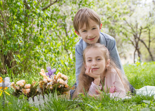 Brother and sister with easter decor