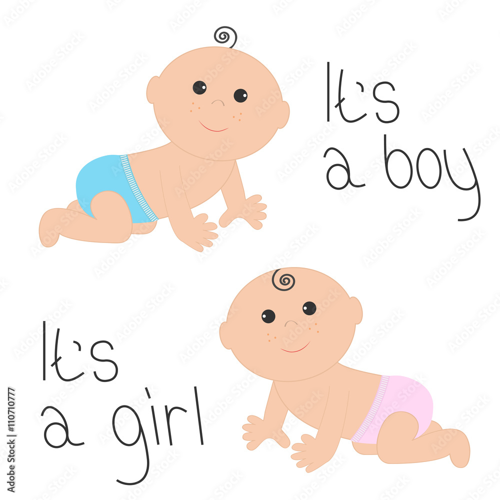 Cute baby boy and girl crawling in pink blue diaper icon set. Its a boy ...