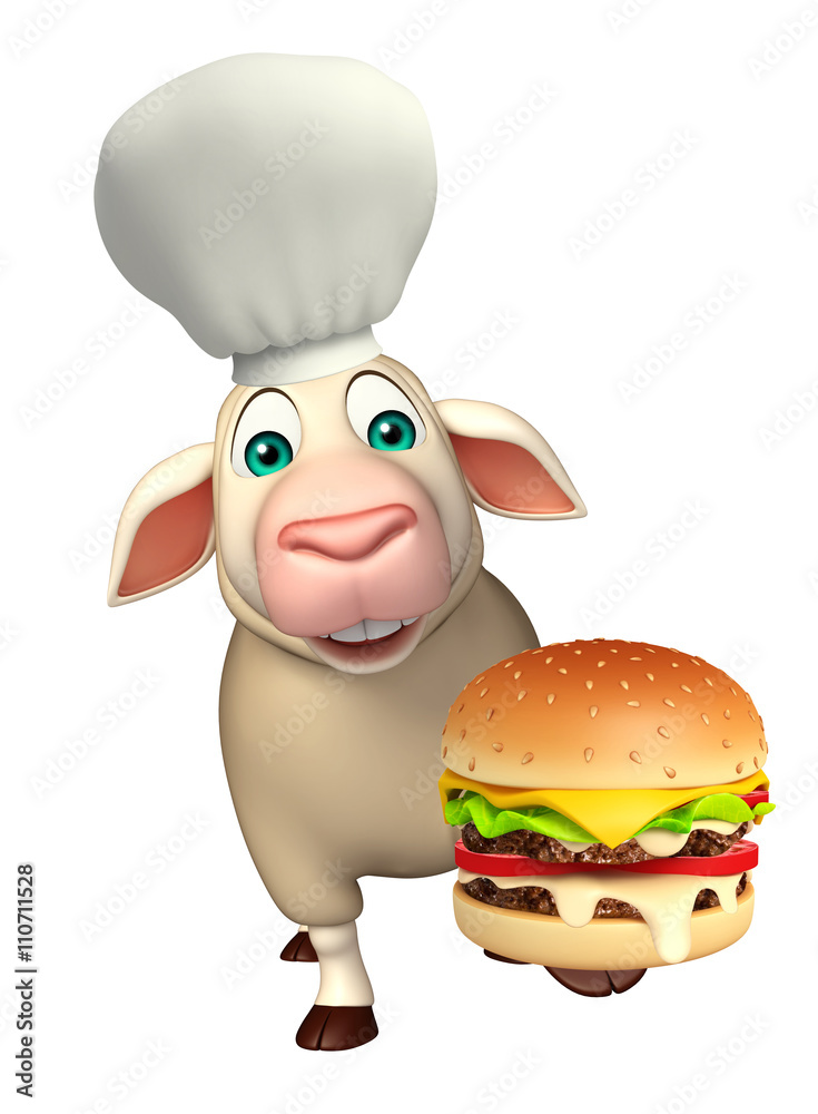 Sheep cartoon character with chef hat and burger Sheep cartoon character with chef hat and burger