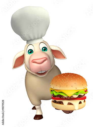 Sheep cartoon character with chef hat and burger