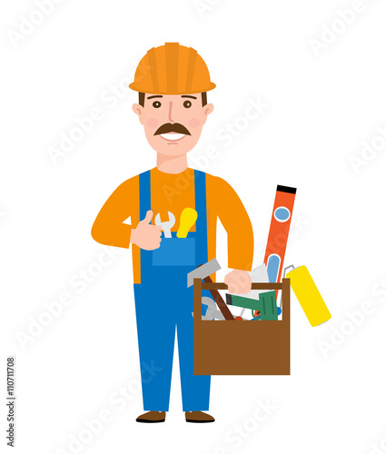 worker repairman builder in uniform with tool isolated on white background