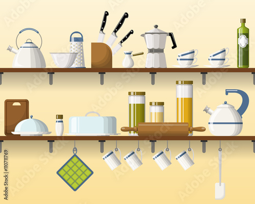 Kitchen shelving with tableware, seamless, part 3 of 4 photo