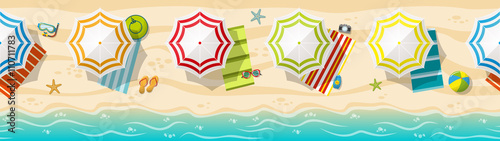 Seamless beach resort panorama with colorful beach umbrellas