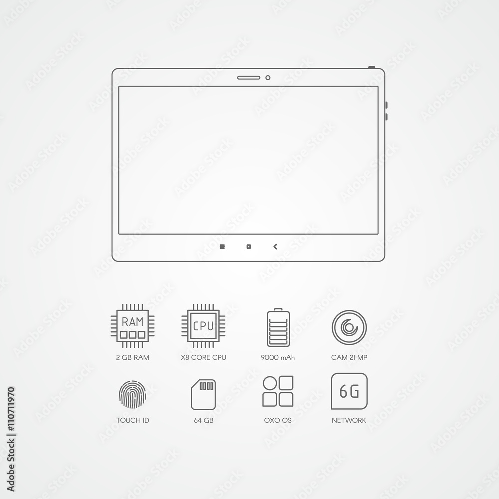 Tablet specification flat line icons. Gadget descript Tablet specification flat line icons. Gadget descript