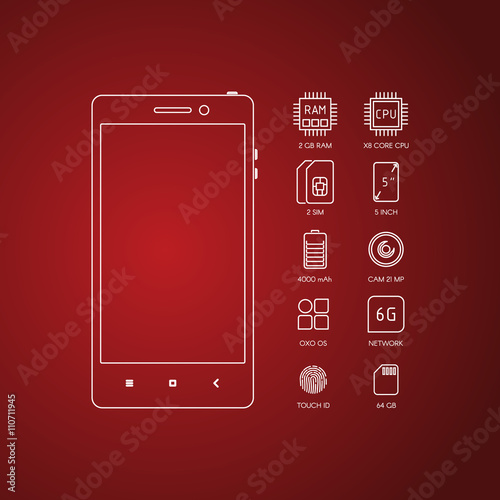 Smartphone specification flat line icons. Gadget descript