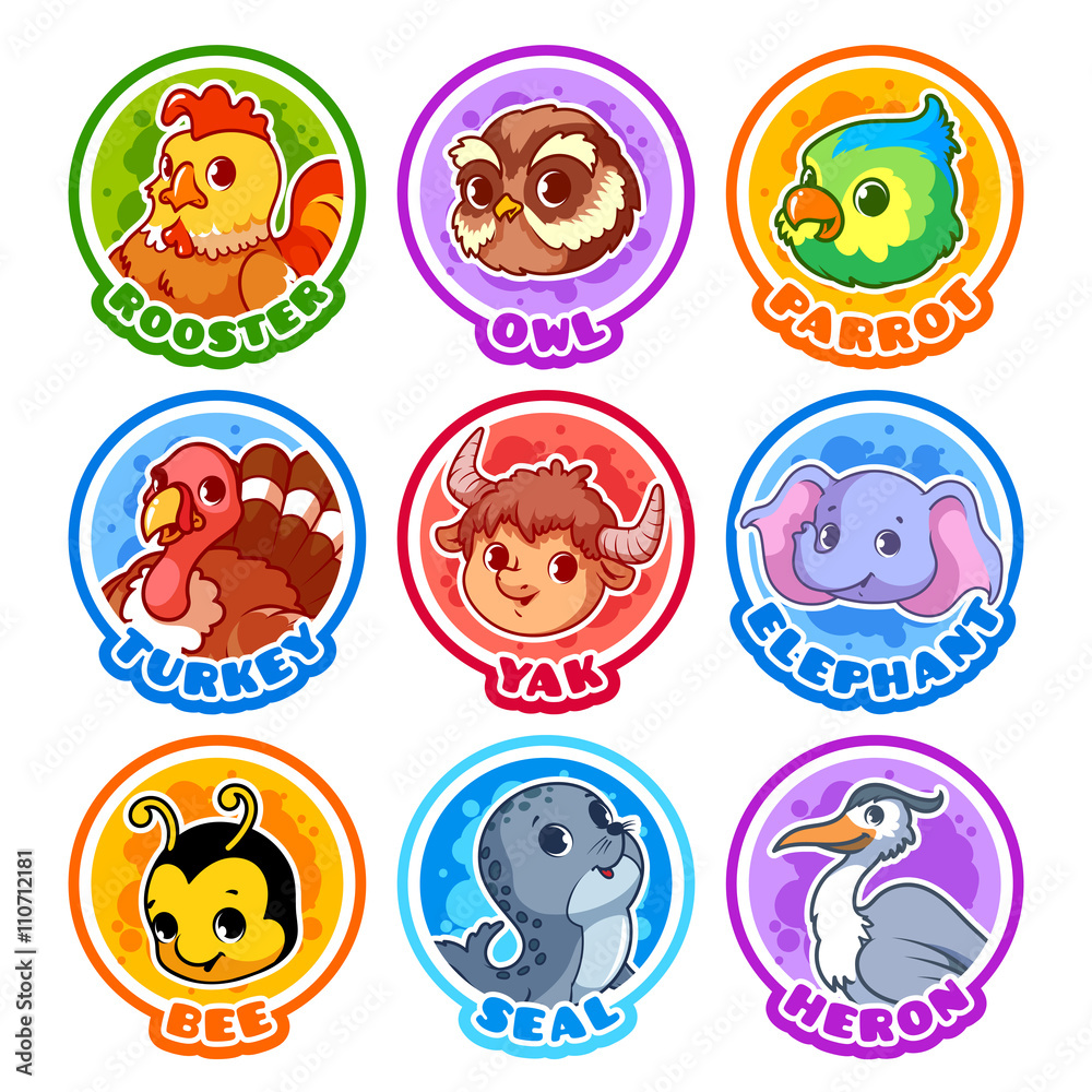 Set of round stickers with cute animals. Set of round stickers with cute animals.