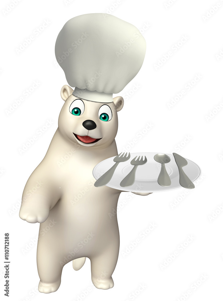Bear cartoon character with chef hat and dinner plate Bear cartoon character with chef hat and dinner plate