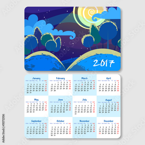 Calendar for 2017 year with landscape of summer night.