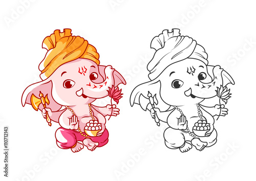 Little cartoon Ganesha. Page for coloring book.