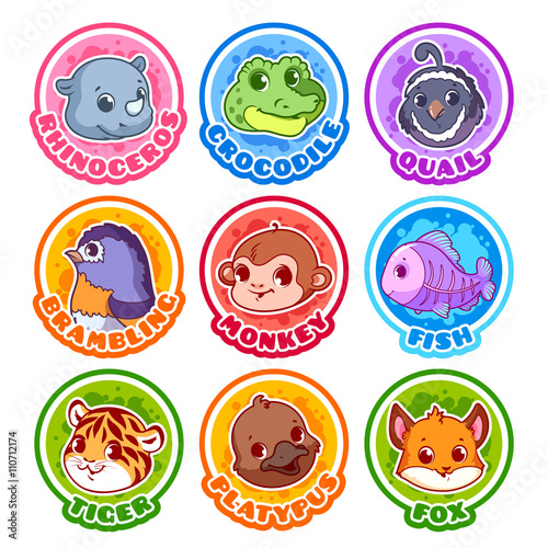 Set of round stickers with cute animals.