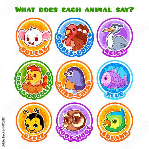 Set of round stickers with animals and their sounds.