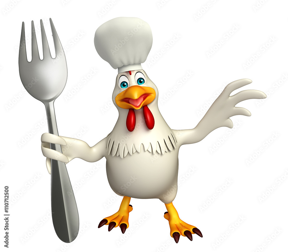 Fototapeta premium Hen cartoon character with chef hat and spoons