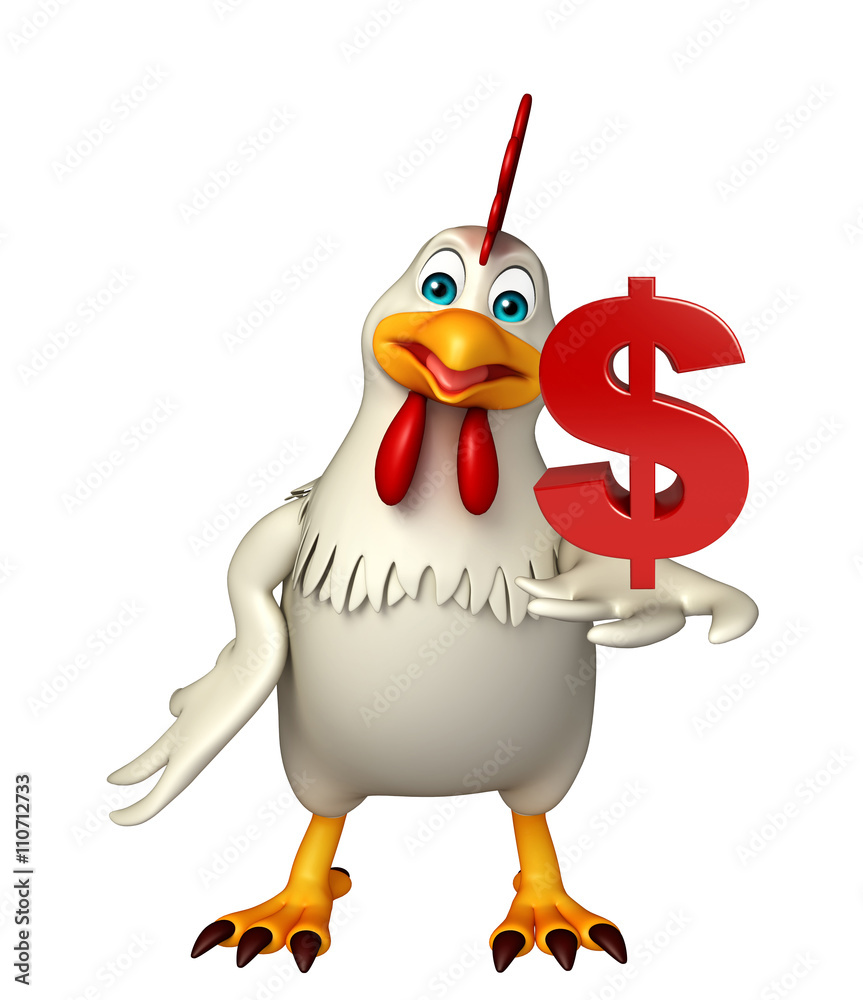 Naklejka premium Hen cartoon character with doller sign