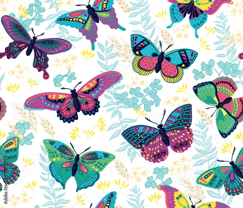 Seamless pattern with flying colorful butterflies and flowers