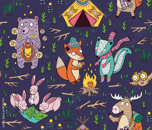 Fotografie Hand drawn camping seamless pattern with cartoon characters