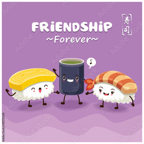 Vintage Sushi poster design with vector sushi character. Chinese word means sushi.