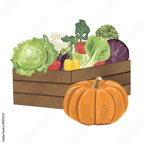 wooden box with vegetables